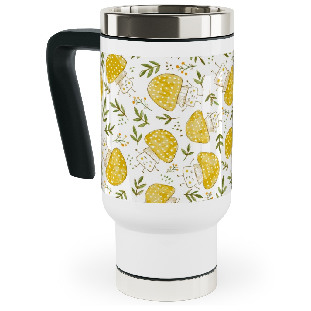 the Happiest Little Mushrooms - Yellow Travel Mug with Handle, 17oz, Yellow, Classic Yellow