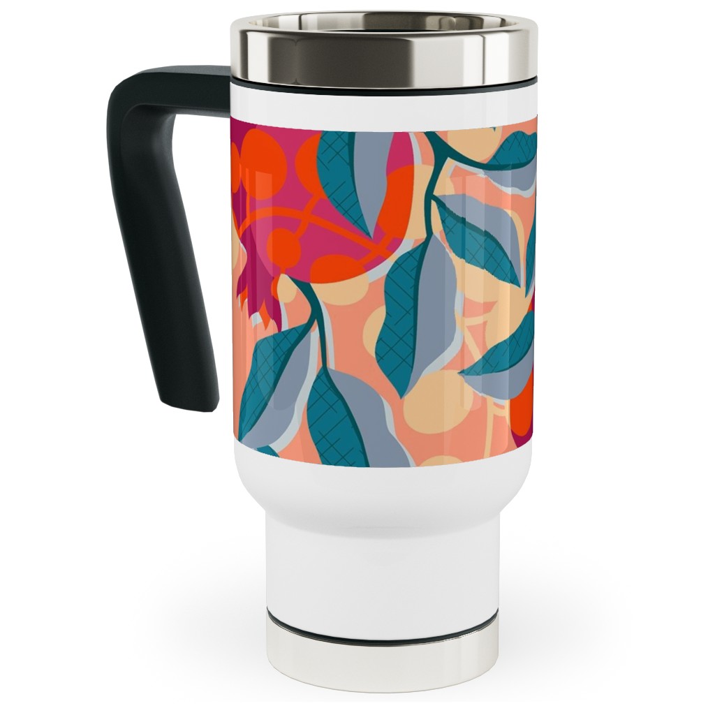 Retro Pomegranate- Pink and Blue Travel Mug with Handle, 17oz, Multicolor