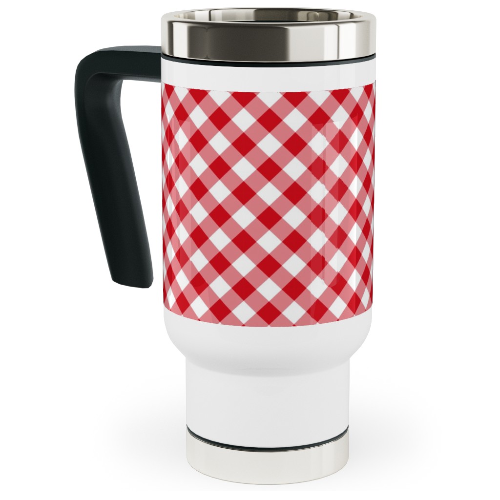 Diagonal Gingham - Red and White Travel Mug with Handle, 17oz, Red