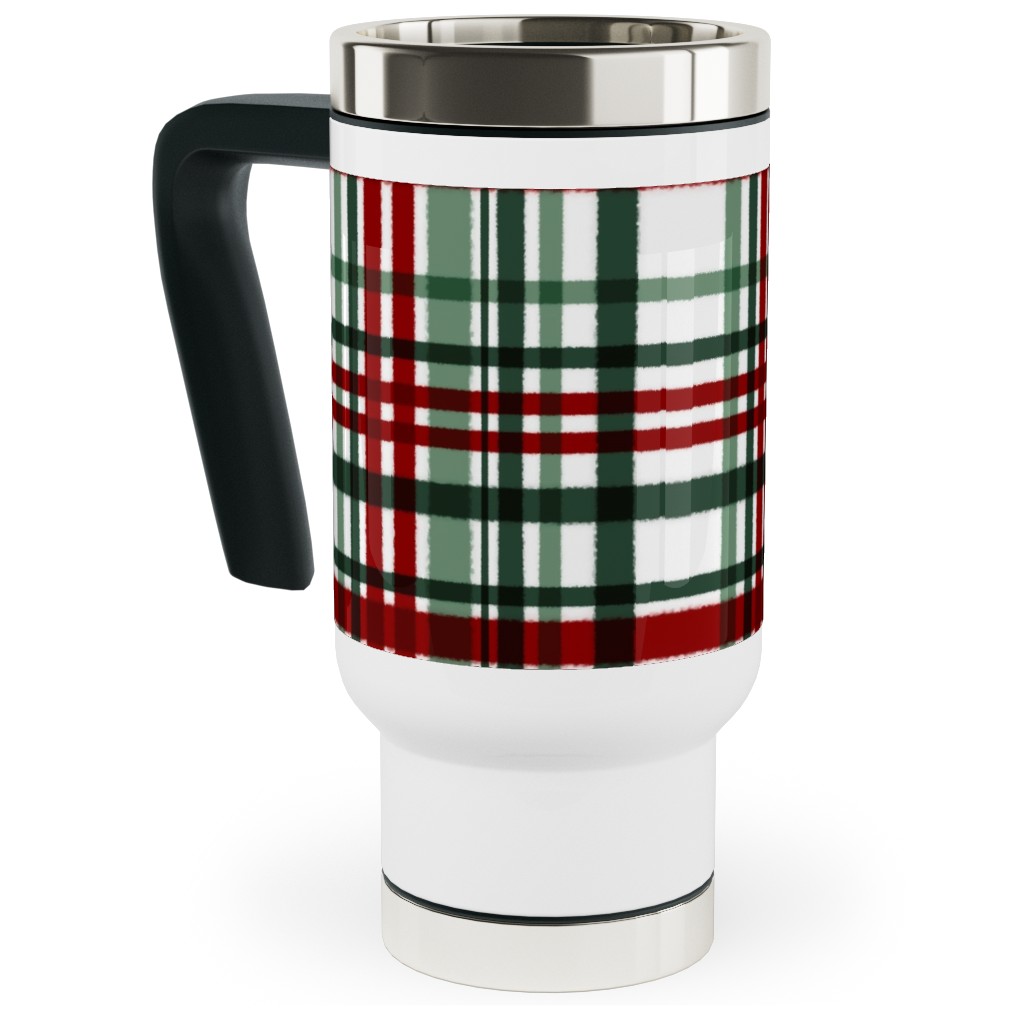 Intricate Plaid Travel Mug with Handle, 17oz, Green, Brown