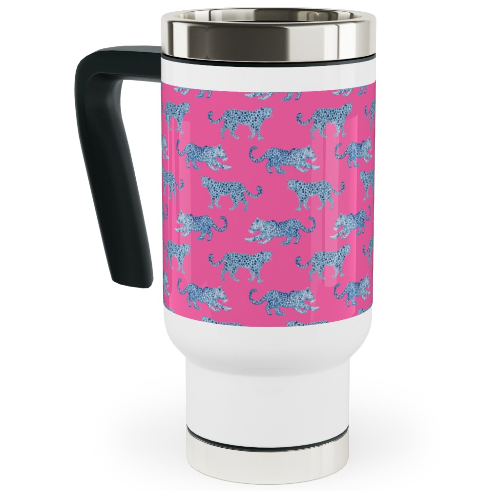 Tiny Leopard Parade - Blue on Hot Pink Travel Mug with Handle, 17oz, Pink