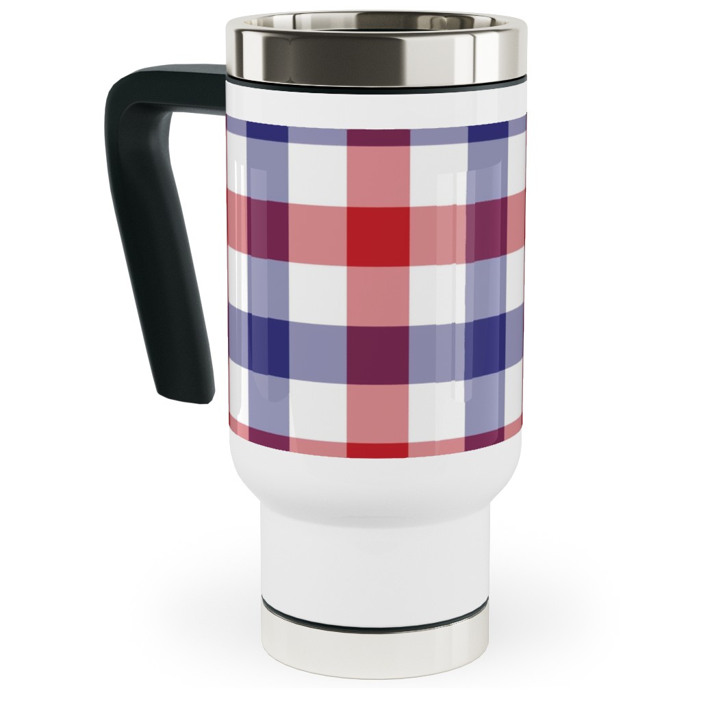 Red White and Blue Gingham Checks Travel Mug with Handle, 17oz, Multicolor