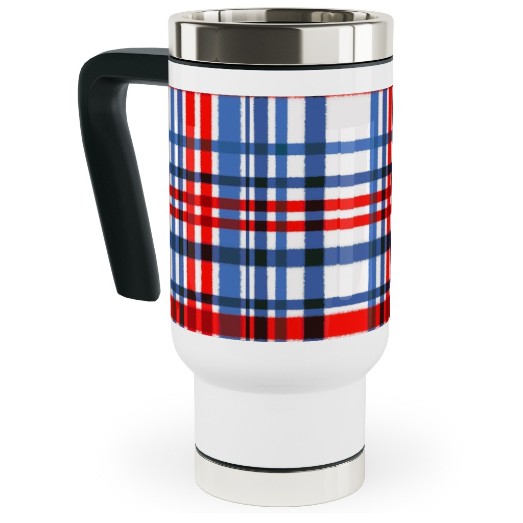 Intricate Plaid Travel Mug with Handle, 17oz, Blue, Red