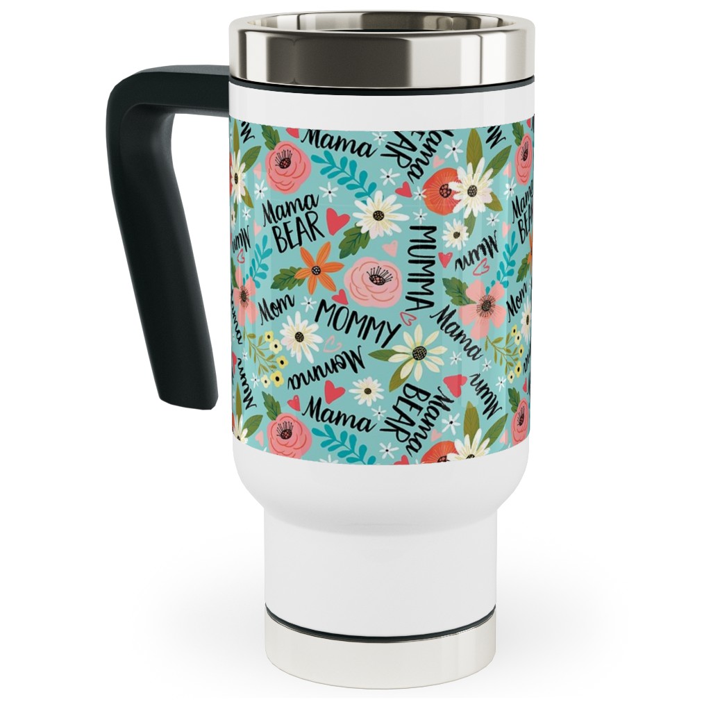 Mom's the Word - Multi on Blue Travel Mug with Handle, 17oz, Blue