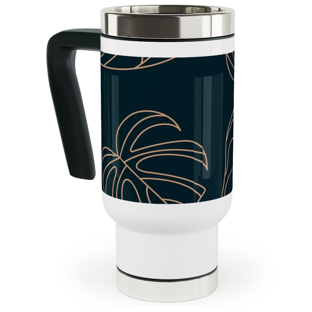 Minimalist Monstera Leaves - Dark Travel Mug with Handle, 17oz, Blue, True Blue