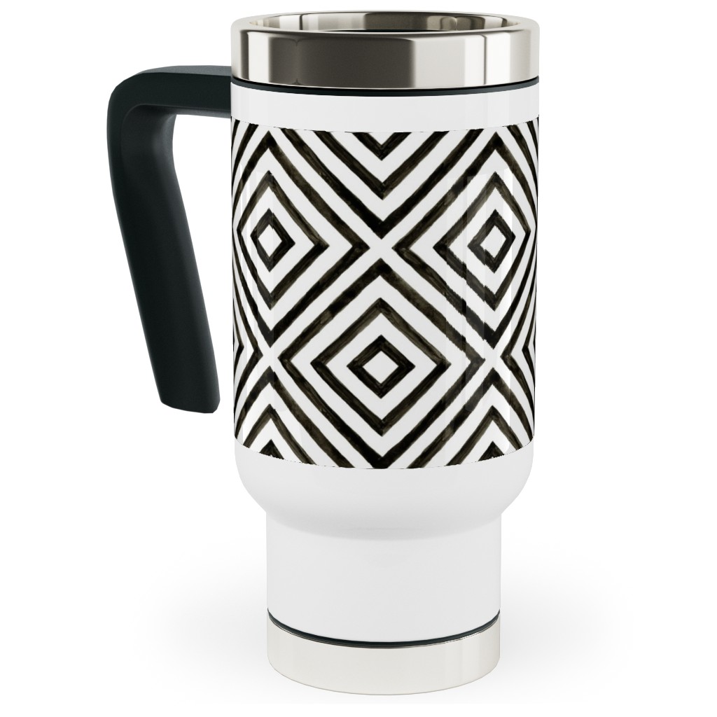 Diamond Pattern - Black and White Travel Mug with Handle, 17oz, Black, Black