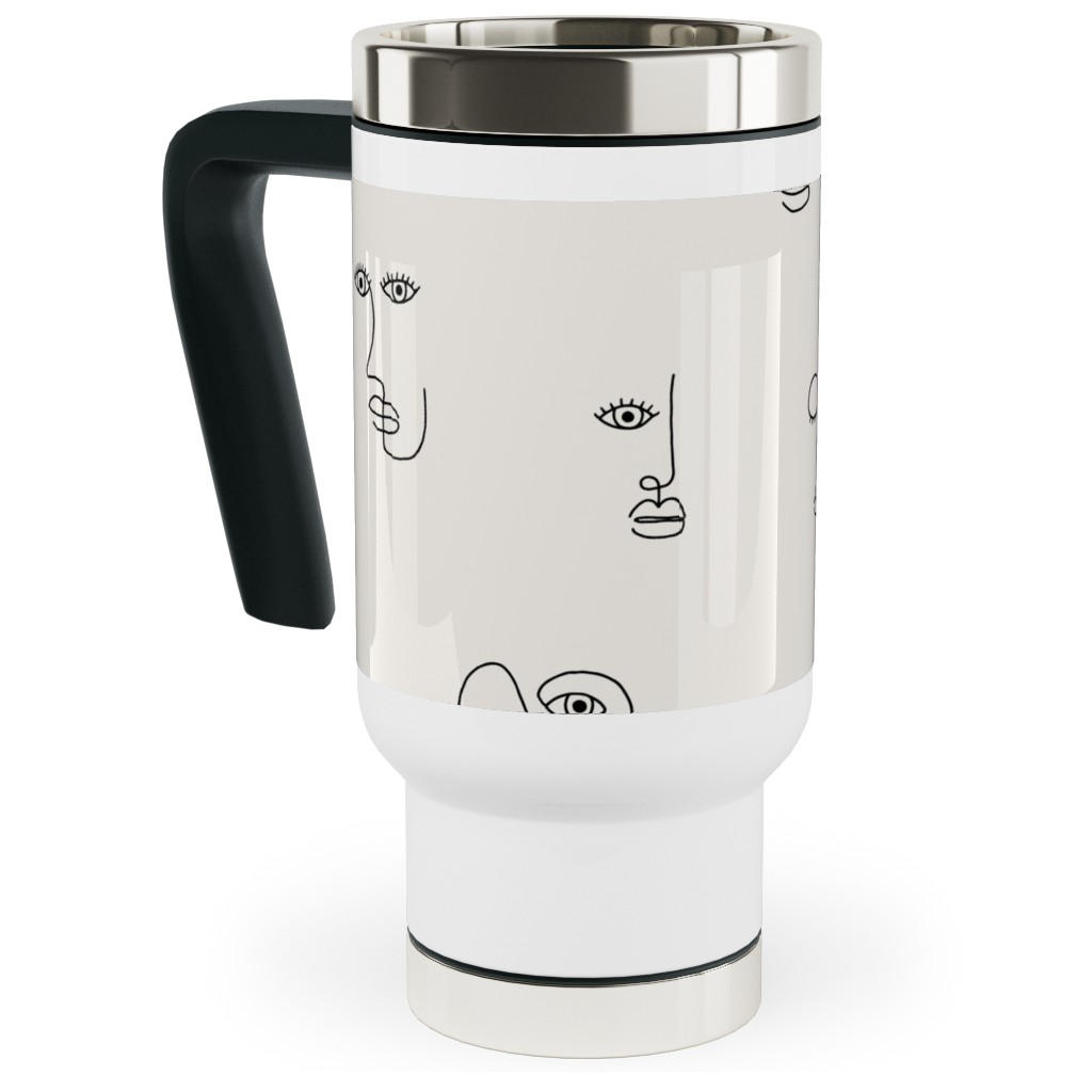 Minimalist Feminist Faces - Line Drawing Travel Mug with Handle, 17oz, Beige