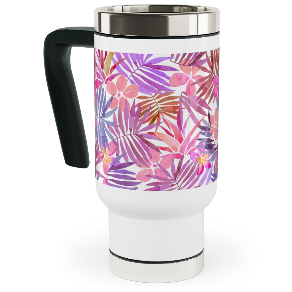 Watercolor Tropical Vibes - Pink Travel Mug with Handle, 17oz, Pink, Bright Pink