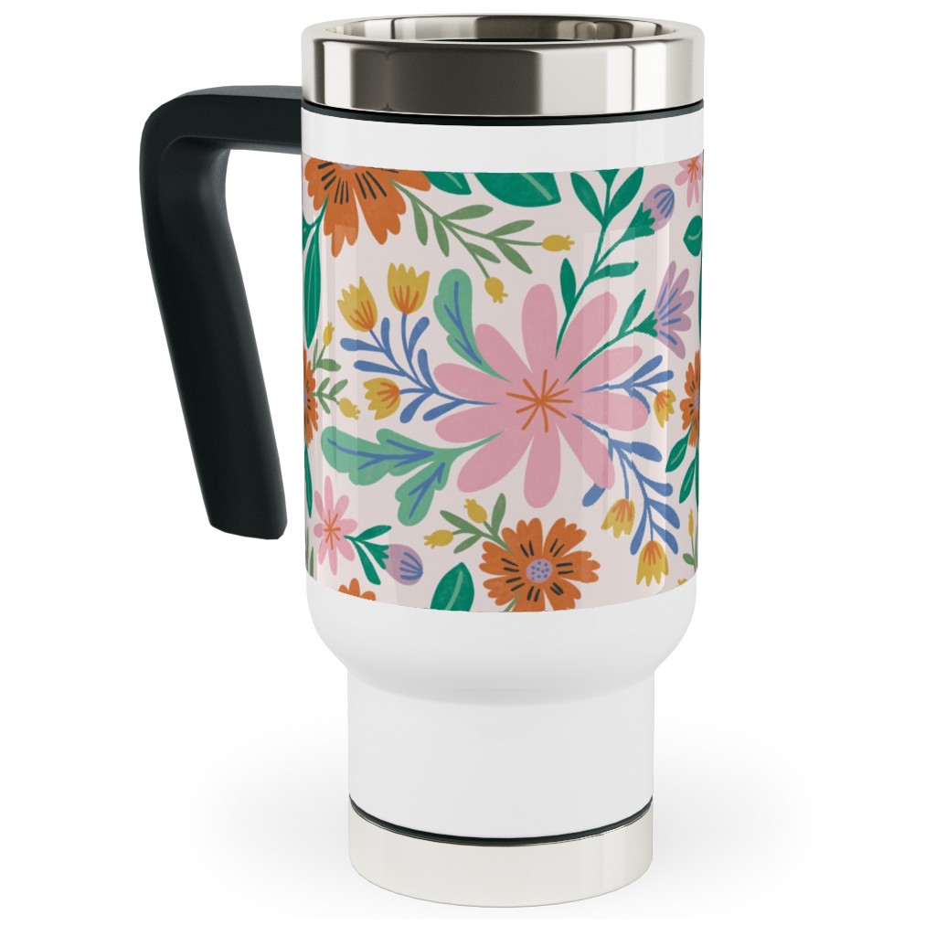 Happy Flowers - Pink Multi Travel Mug with Handle, 17oz, Pink, Bright Pink