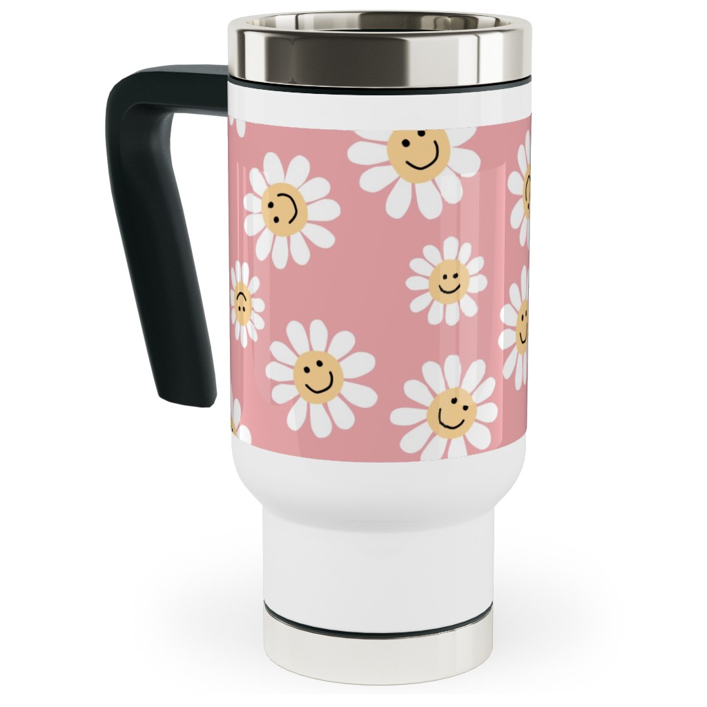 Smiley Daisy Flowers - Pink Travel Mug with Handle, 17oz, Pink