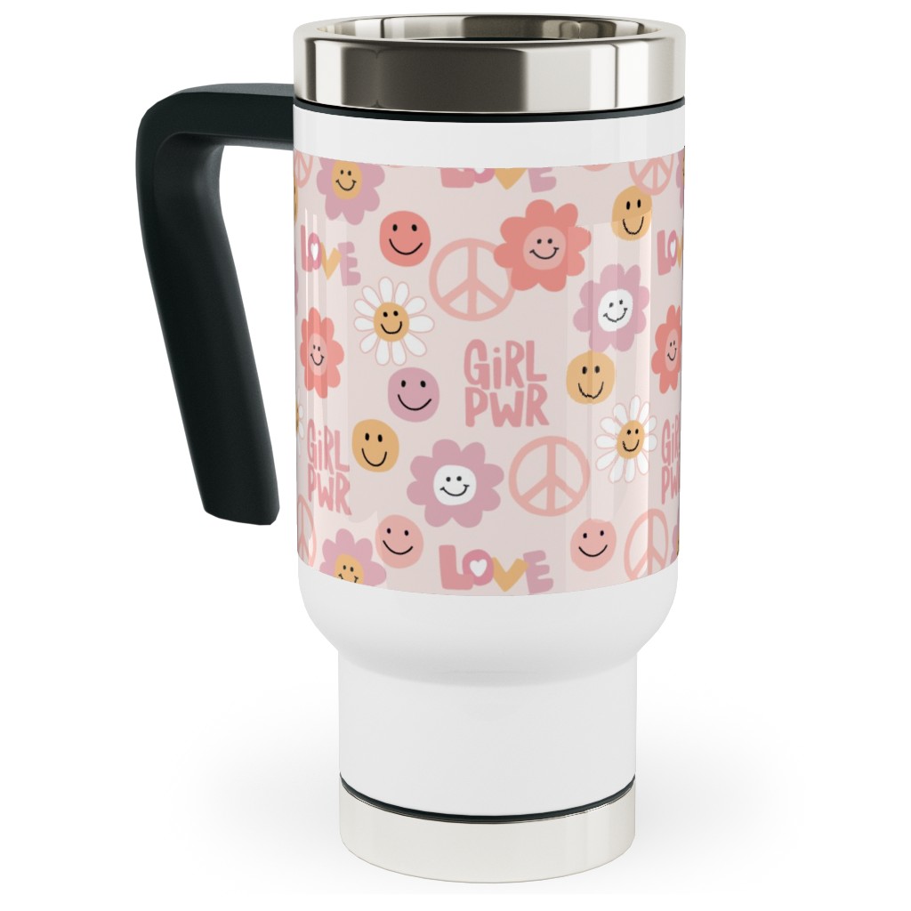 Happy Girl Power - Pink Travel Mug with Handle, 17oz, Pink