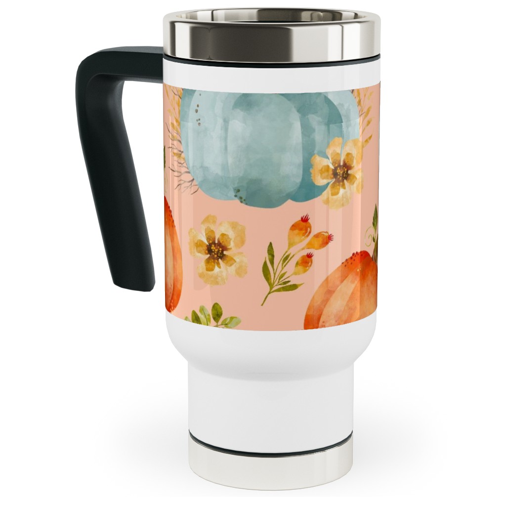 Rustic Farmhouse Pumpkins on Pale Peach Travel Mug with Handle, 17oz, Orange, Orange
