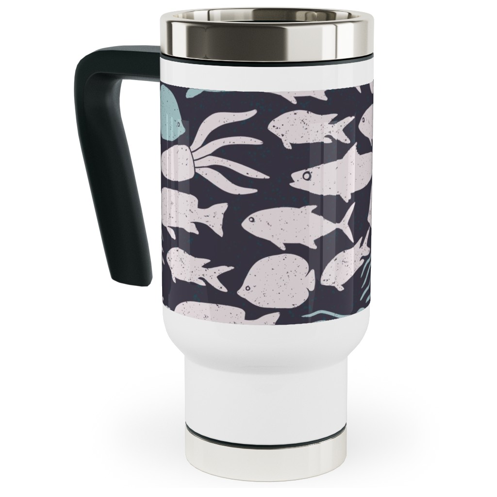 Fish School in Gray Aqua Dark Background Travel Mug with Handle, 17oz, Blue, True Blue