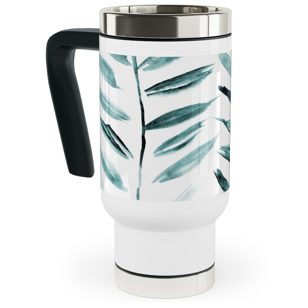 Leaves Herringbone - Watercolor Nature - Emerald Travel Mug with Handle, 17oz, Green, Classic Green