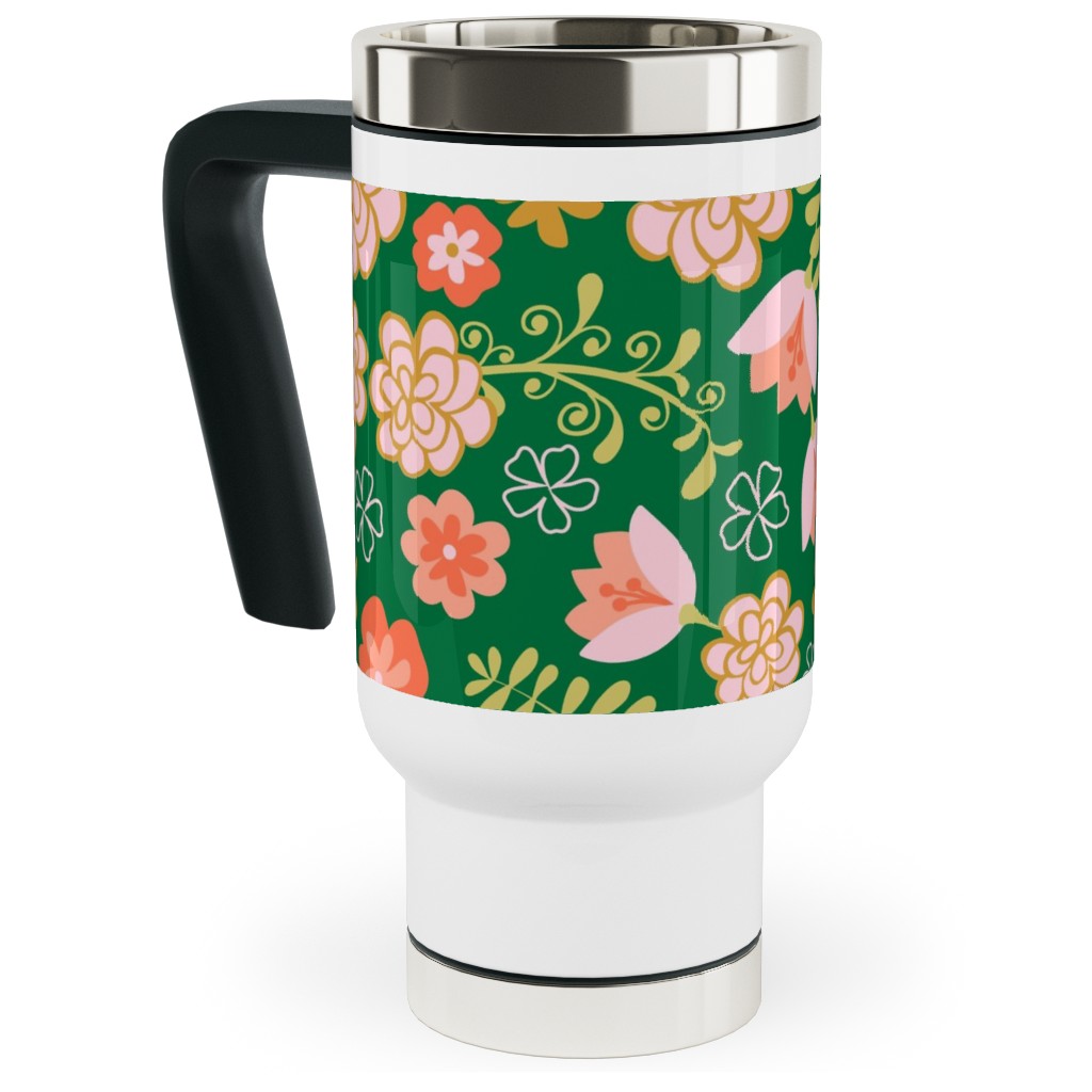 Fiesta Flowers - Green Travel Mug with Handle, 17oz, Green