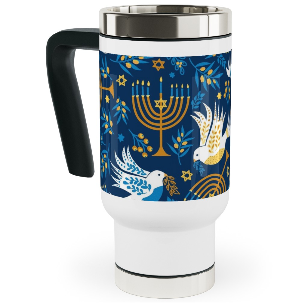 Hanukkah Birds and Menorahs - Dark Blue Travel Mug with Handle, 17oz, Blue