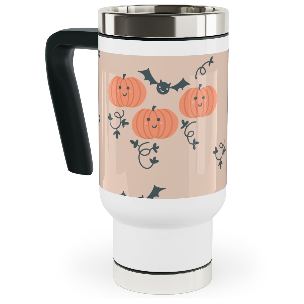 Cute Pumpkins and Bats - Orange and Black Travel Mug with Handle, 17oz, Orange