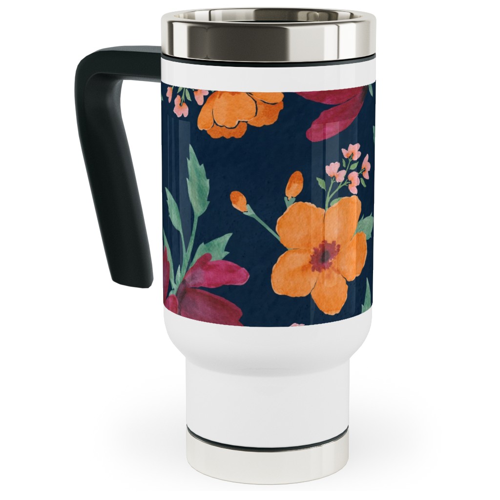Watercolor Autumn Florals - Navy Travel Mug with Handle, 17oz, Multicolor