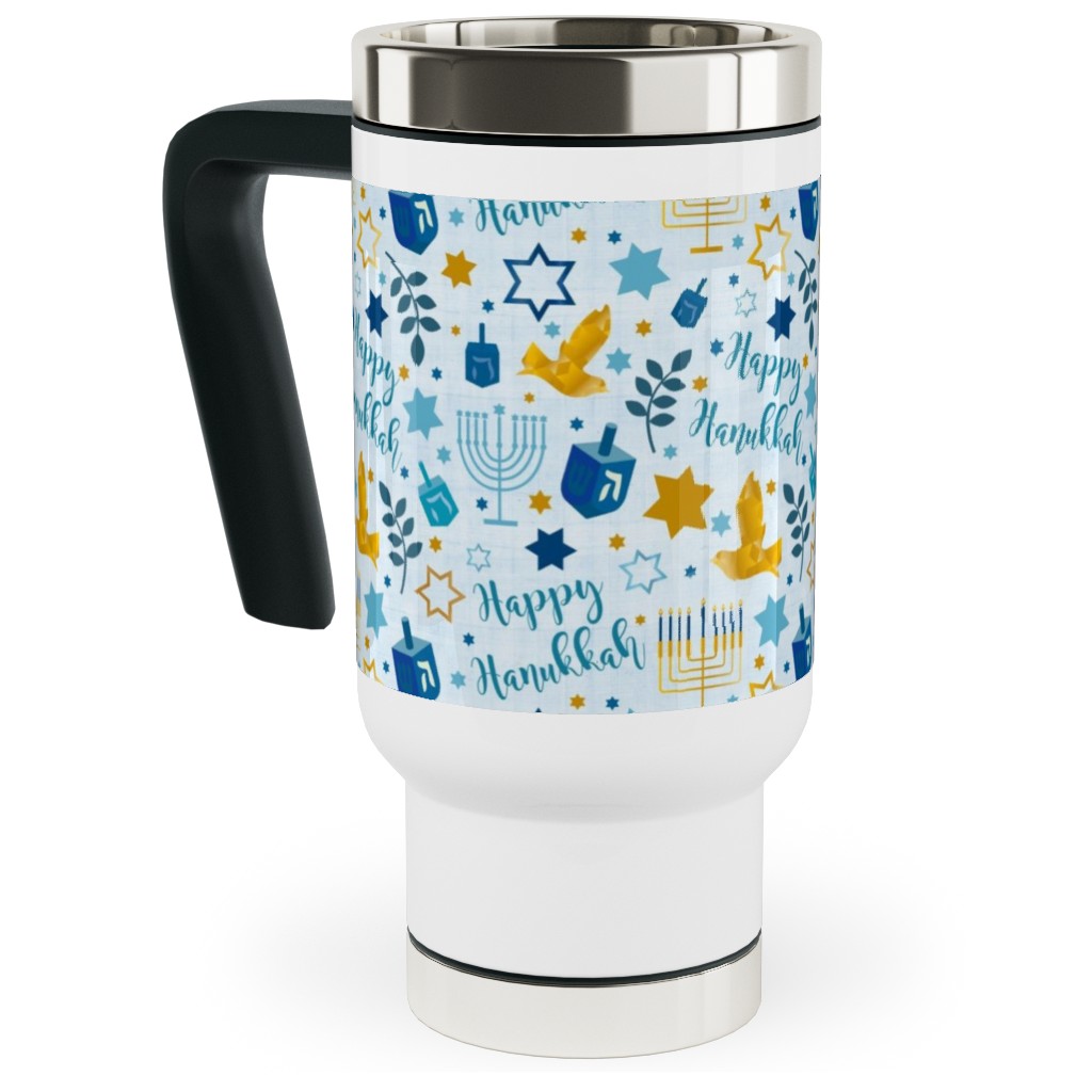 Happy Hanukkah - Blue Travel Mug with Handle, 17oz, Blue