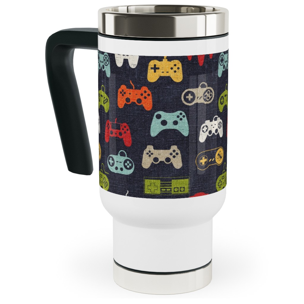 Game Controllers - Navy Multi Travel Mug with Handle, 17oz, Multicolor