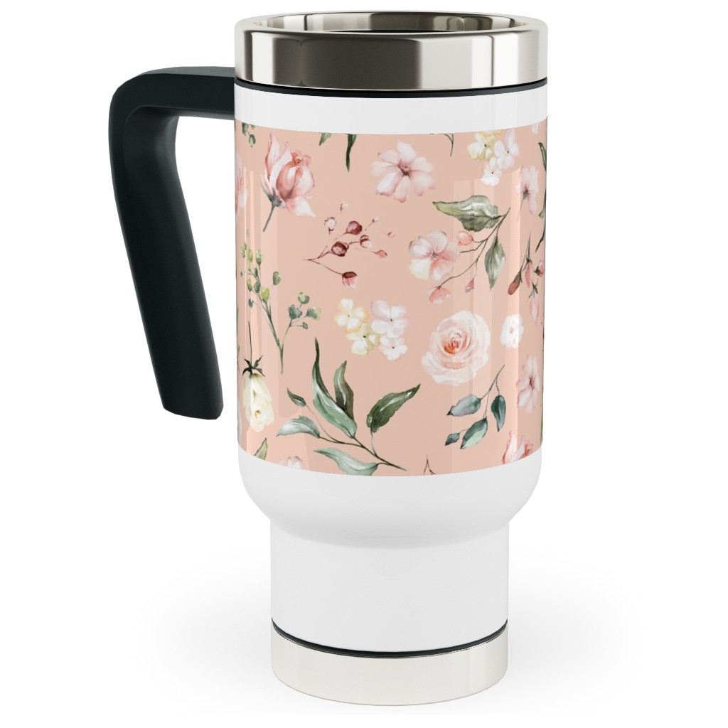 Celestial Rose Floral - Blush Travel Mug with Handle, 17oz, Pink