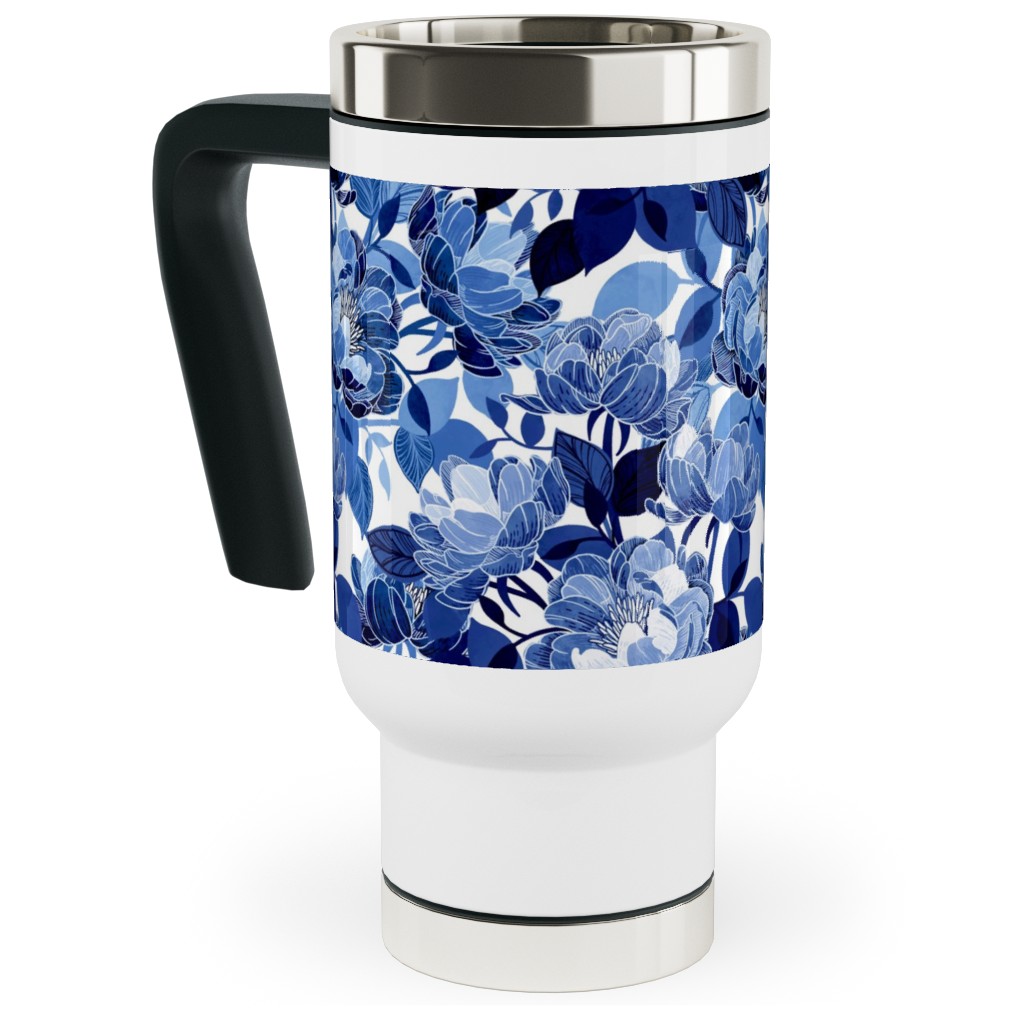 Chintz Peonies - Blue Travel Mug with Handle, 17oz, Blue, True Blue