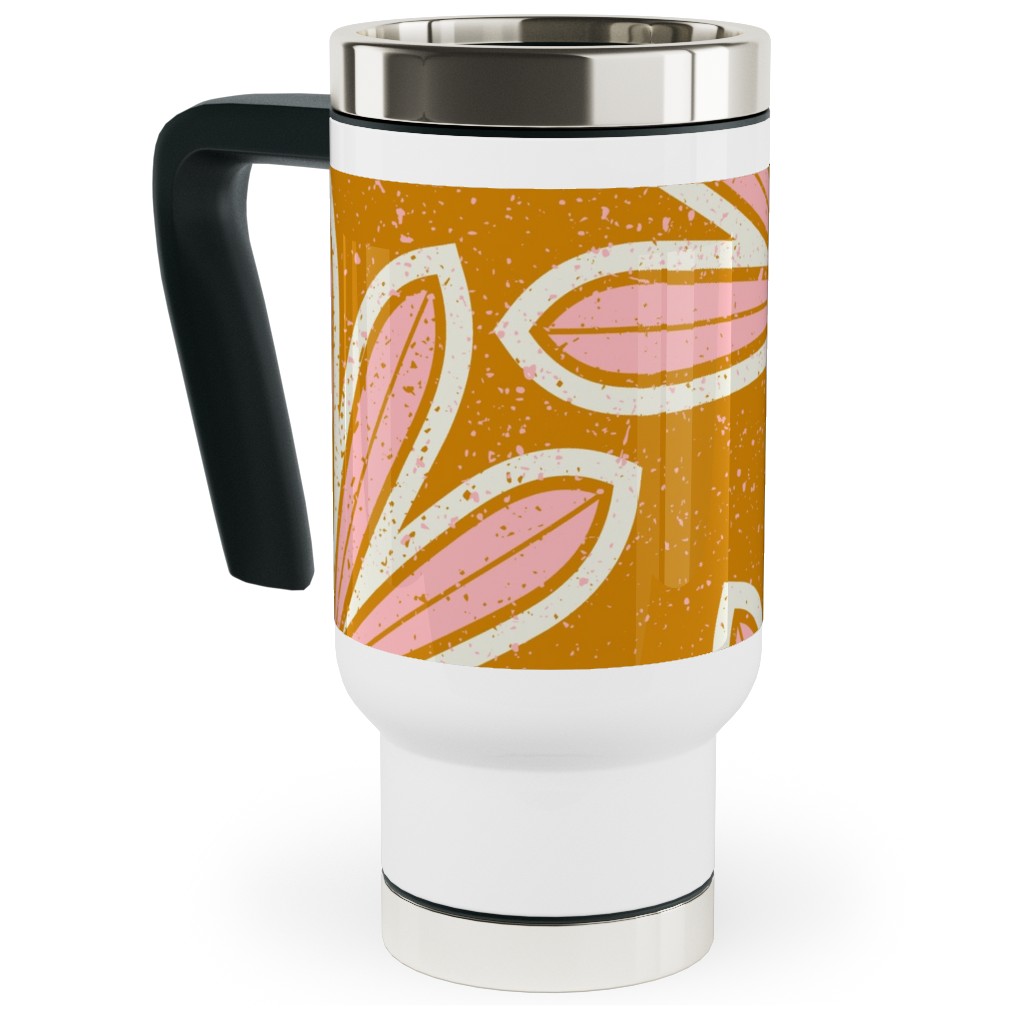 Mid Century Palm Leaf Travel Mug with Handle, 17oz, Pink