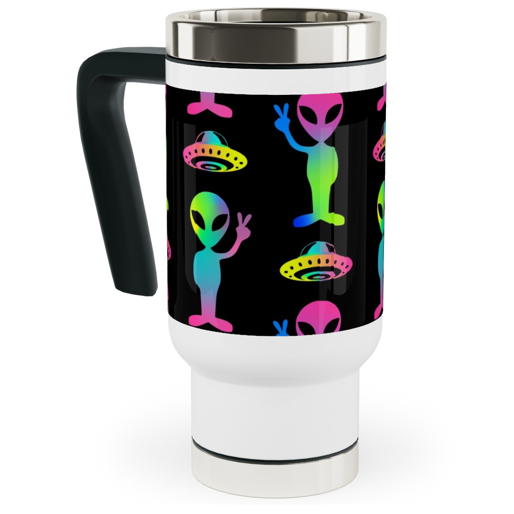 90's Rainbow Aliens and Ufos - Multi on Black Travel Mug with Handle, 17oz, Black, Black