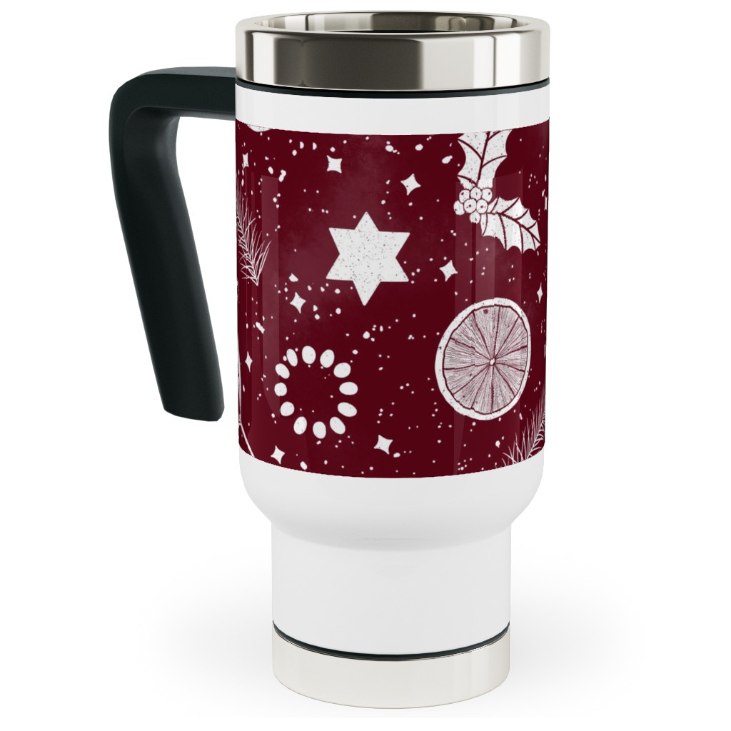 Festive Christmas Print Stars, Mistletoe, Orange, Holly and Pine Branch on Burgundy Travel Mug with Handle, 17oz, Red