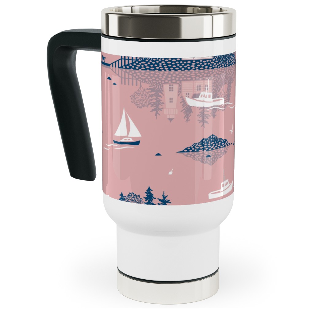 Maine Islands - Muted Pink Travel Mug with Handle, 17oz, Pink, Bright Pink