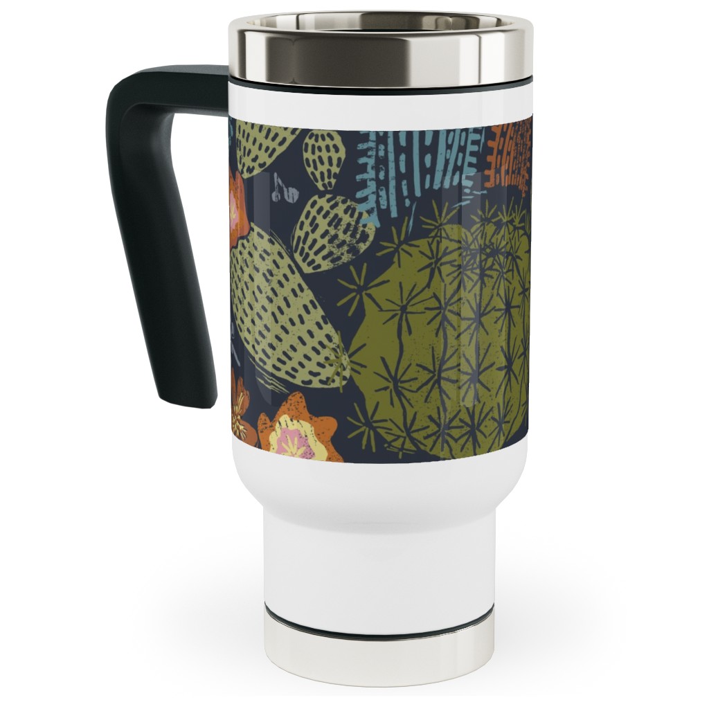 Cactus Garden - Block Print Style - Dark Travel Mug with Handle, 17oz, Green