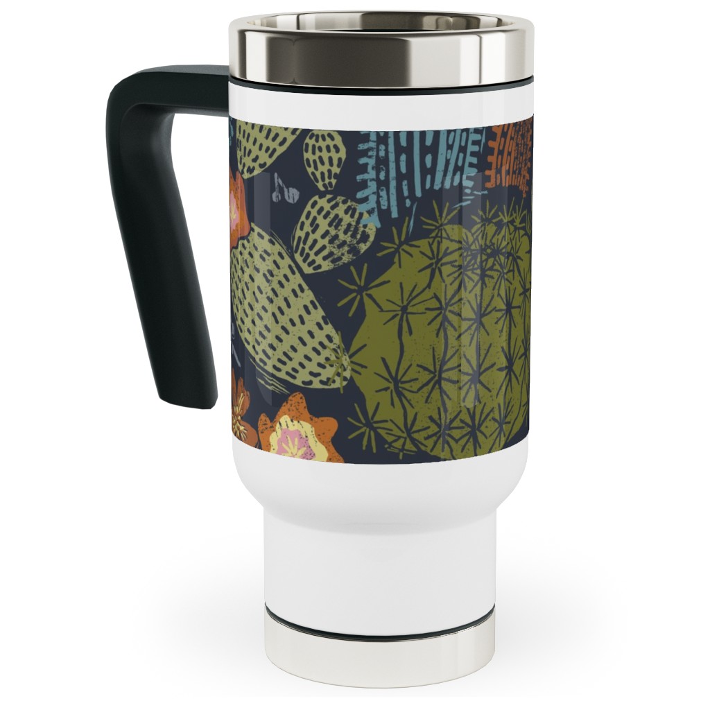 Cactus Garden - Block Print Style - Dark Travel Mug with Handle, 17oz, Green, Classic Green
