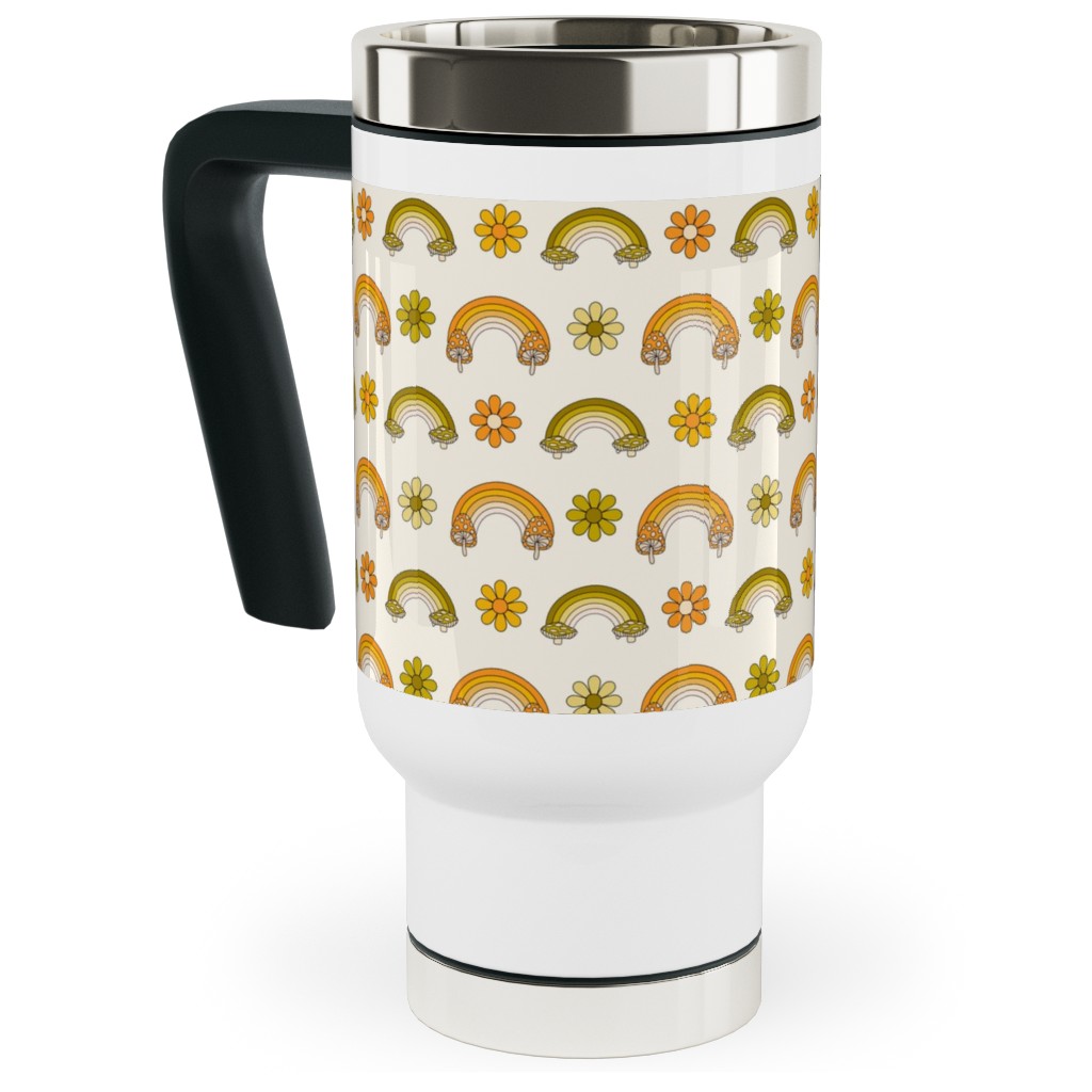 70s Mushroom Rainbow - Retro - Earthy Travel Mug with Handle, 17oz, Green, Classic Green