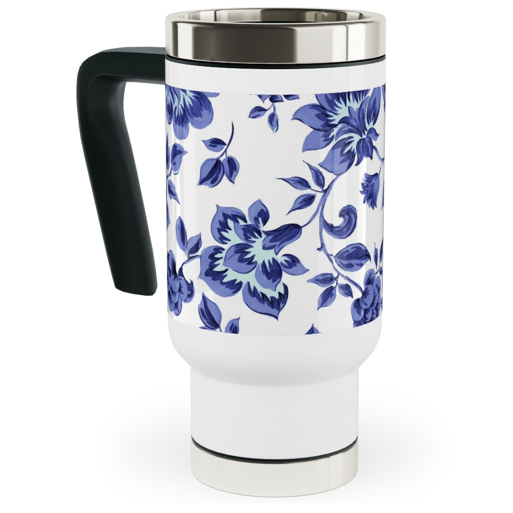 Fleurs De Provence - Blue and White Travel Mug with Handle, 17oz, Blue