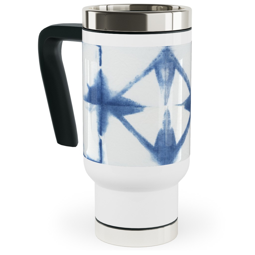 Shibori Diamond - Blue on White Travel Mug with Handle, 17oz, Blue, True Blue