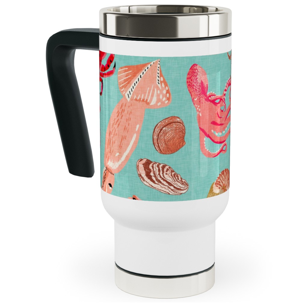Ocean Creatures - Red on Green Travel Mug with Handle, 17oz, Red, Red