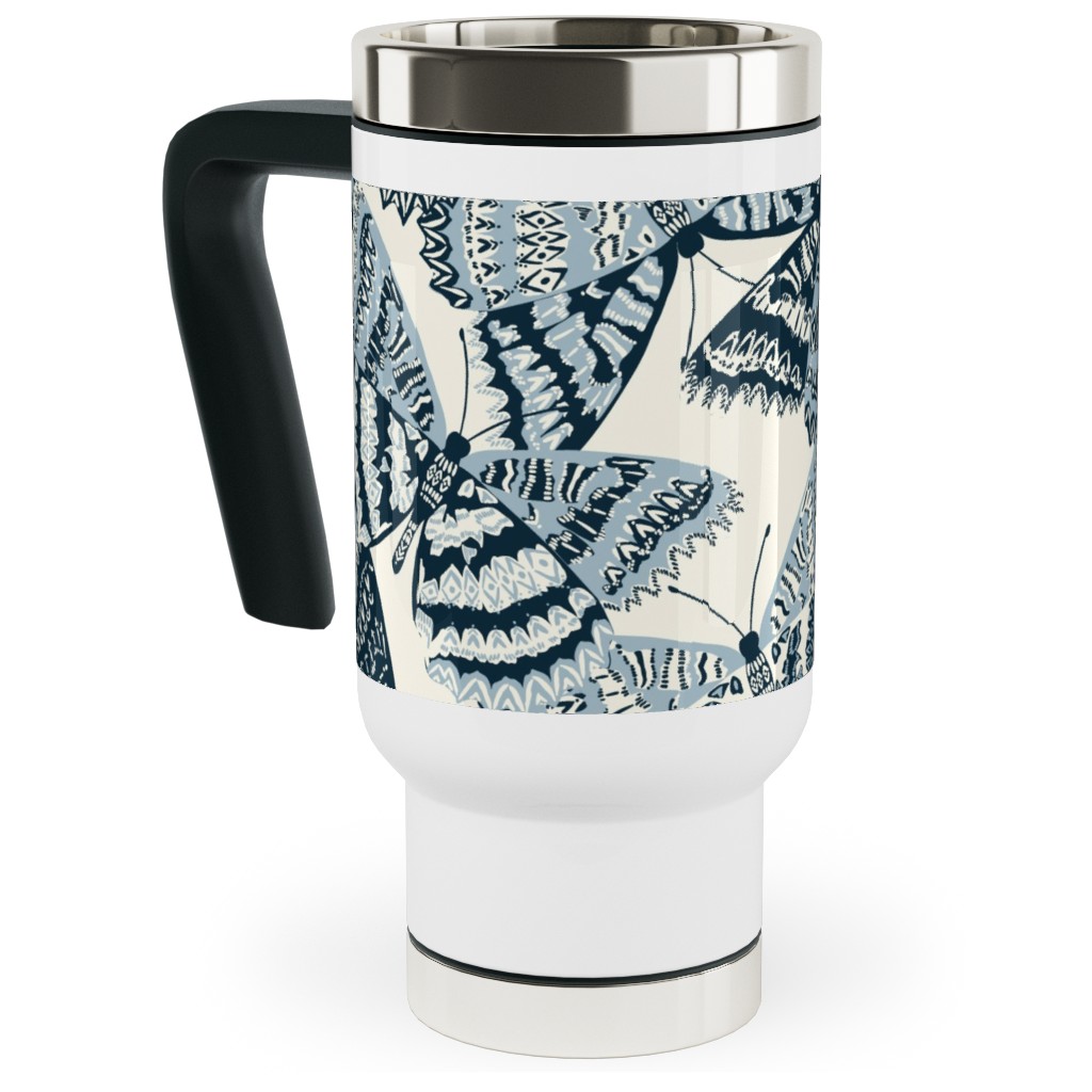 Butterfly - Hand Drawn - Blue Travel Mug with Handle, 17oz, Blue