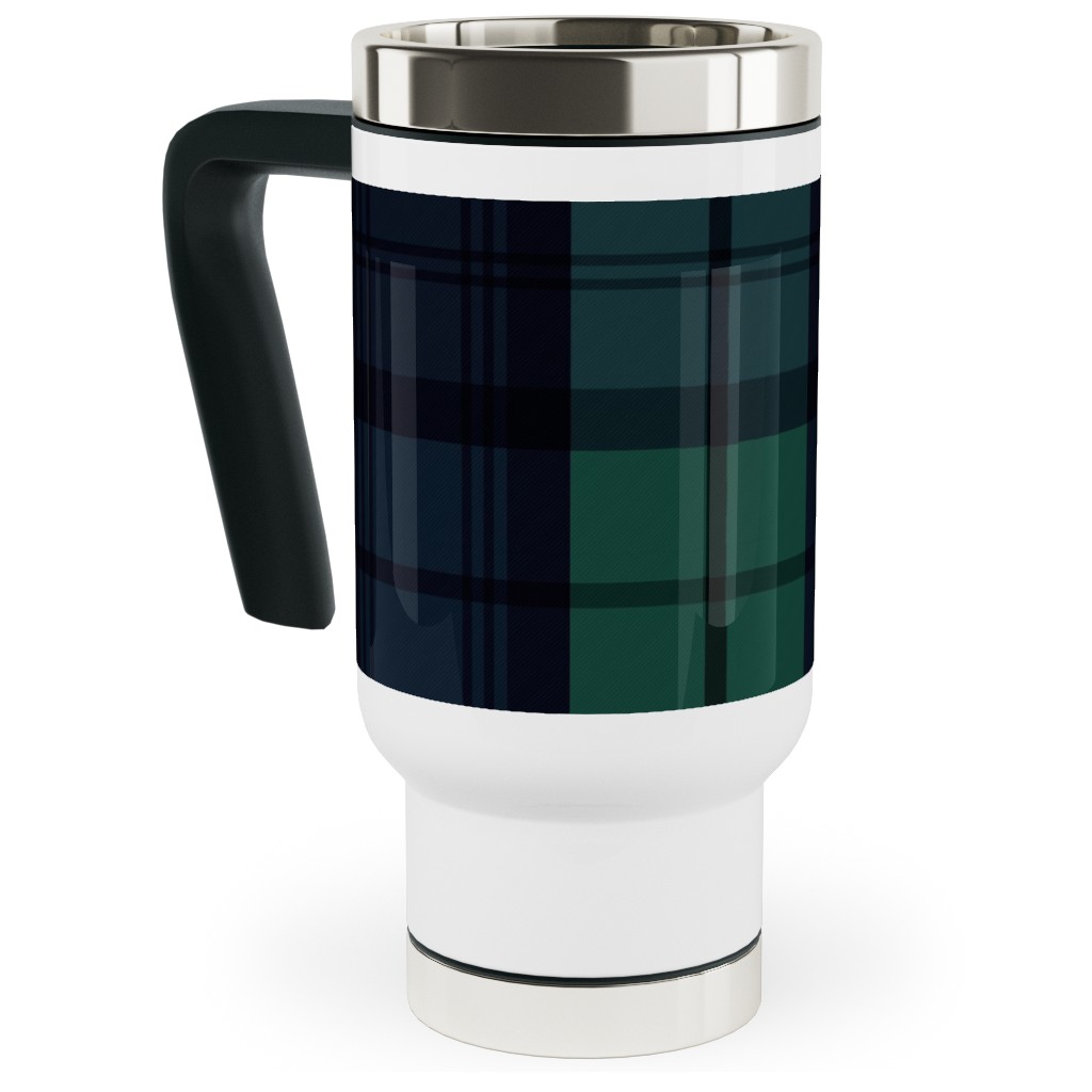 Dark Green Plaid Travel Mug with Handle, 17oz, Green