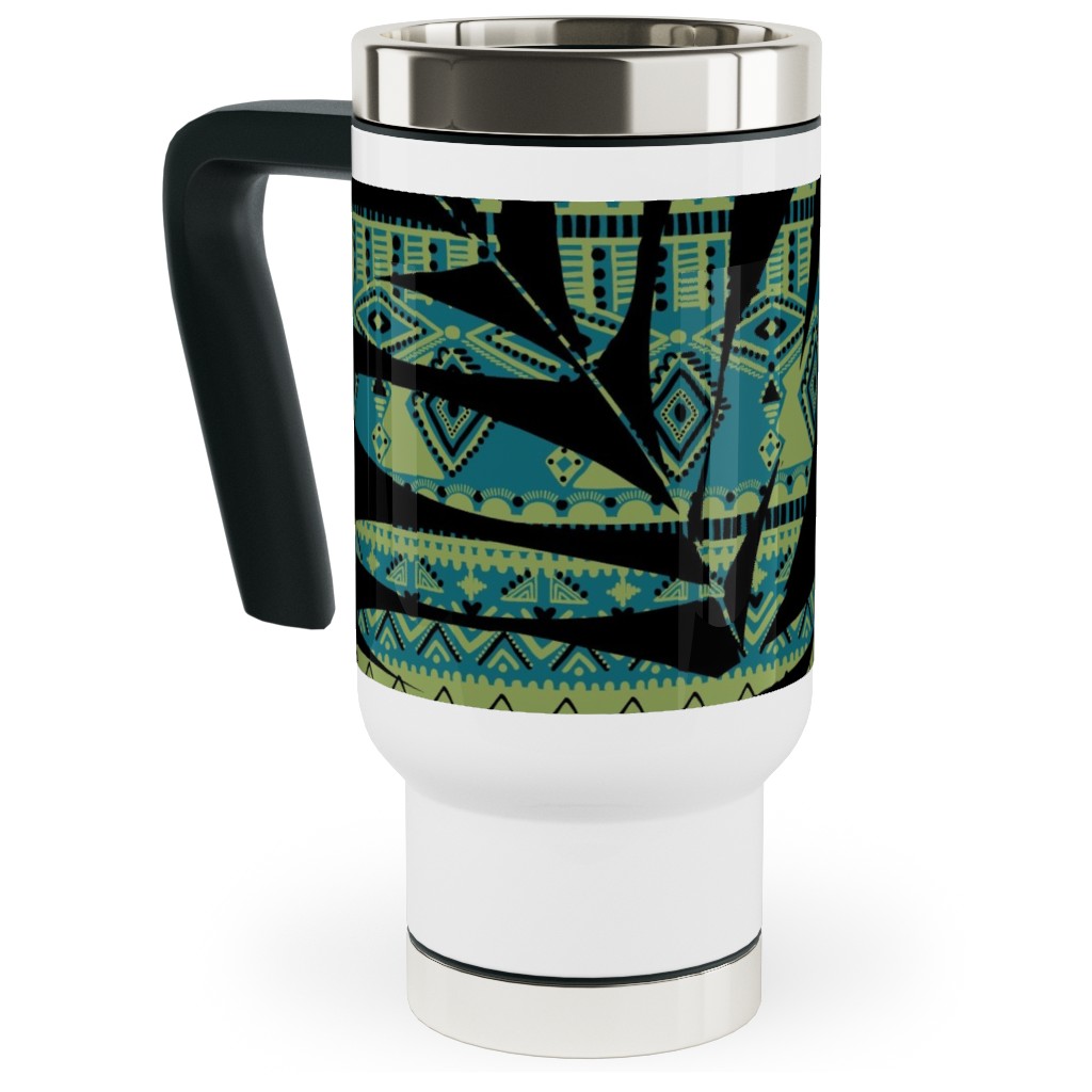 Patterned Palm - Dark Travel Mug with Handle, 17oz, Black, Black