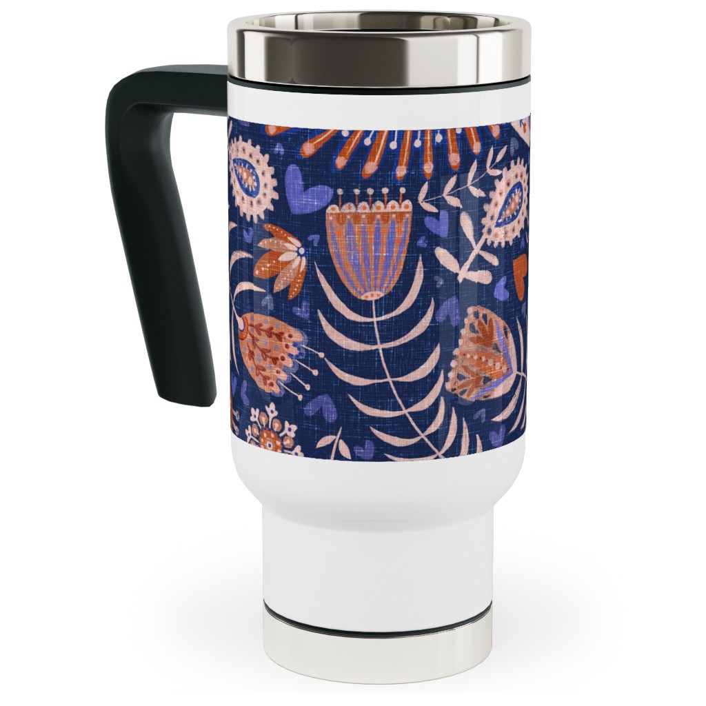 Swedish Folk Art Birds - Blue Travel Mug with Handle, 17oz, Blue, True Blue