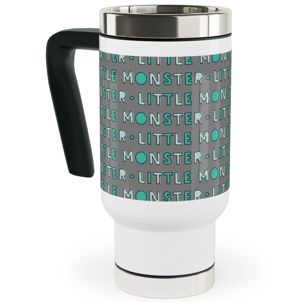 (Small Scale) Little Monster || Green on Grey Travel Mug with Handle, 17oz, Green