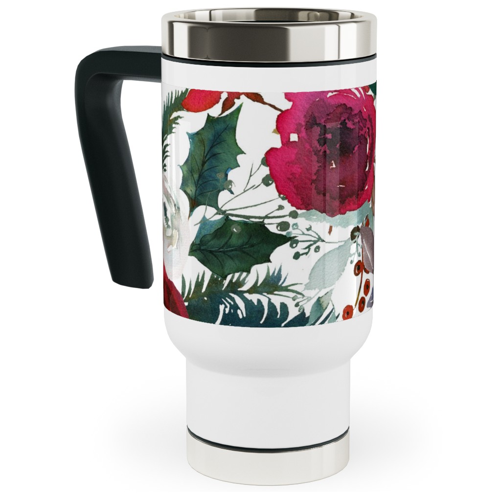 Holiday Florals Red on White Travel Mug with Handle, 17oz, Multicolor