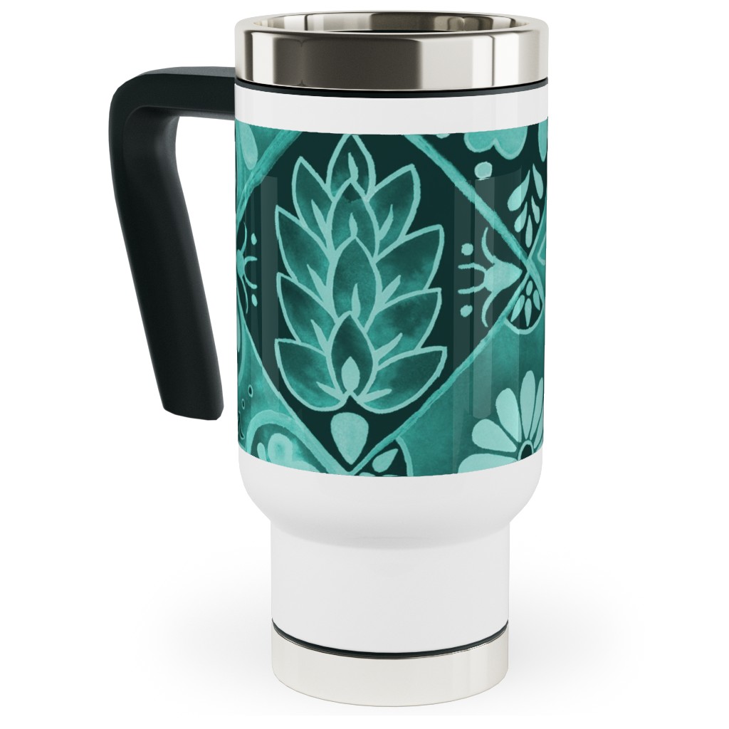 Watercolor Talavera Tiles Travel Mug with Handle, 17oz, Green, Classic Green