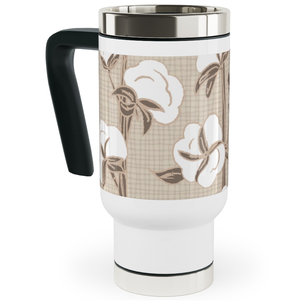 Cotton Stalk Stripe - Brown Travel Mug with Handle, 17oz, Beige, Pearl