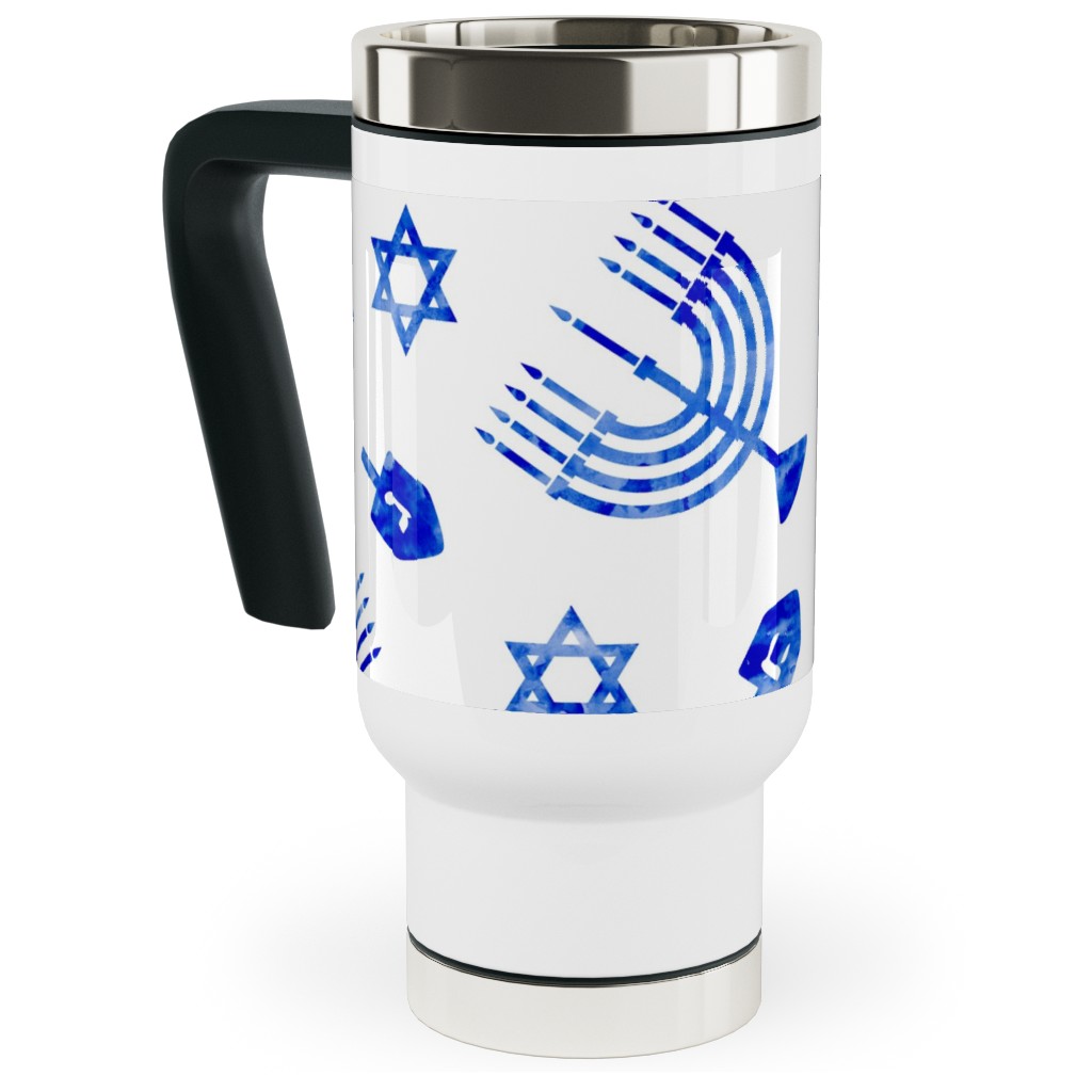 Watercolor Hanukkah Menorah, Dreidel, Star of David - Blue Travel Mug with Handle, 17oz, Blue