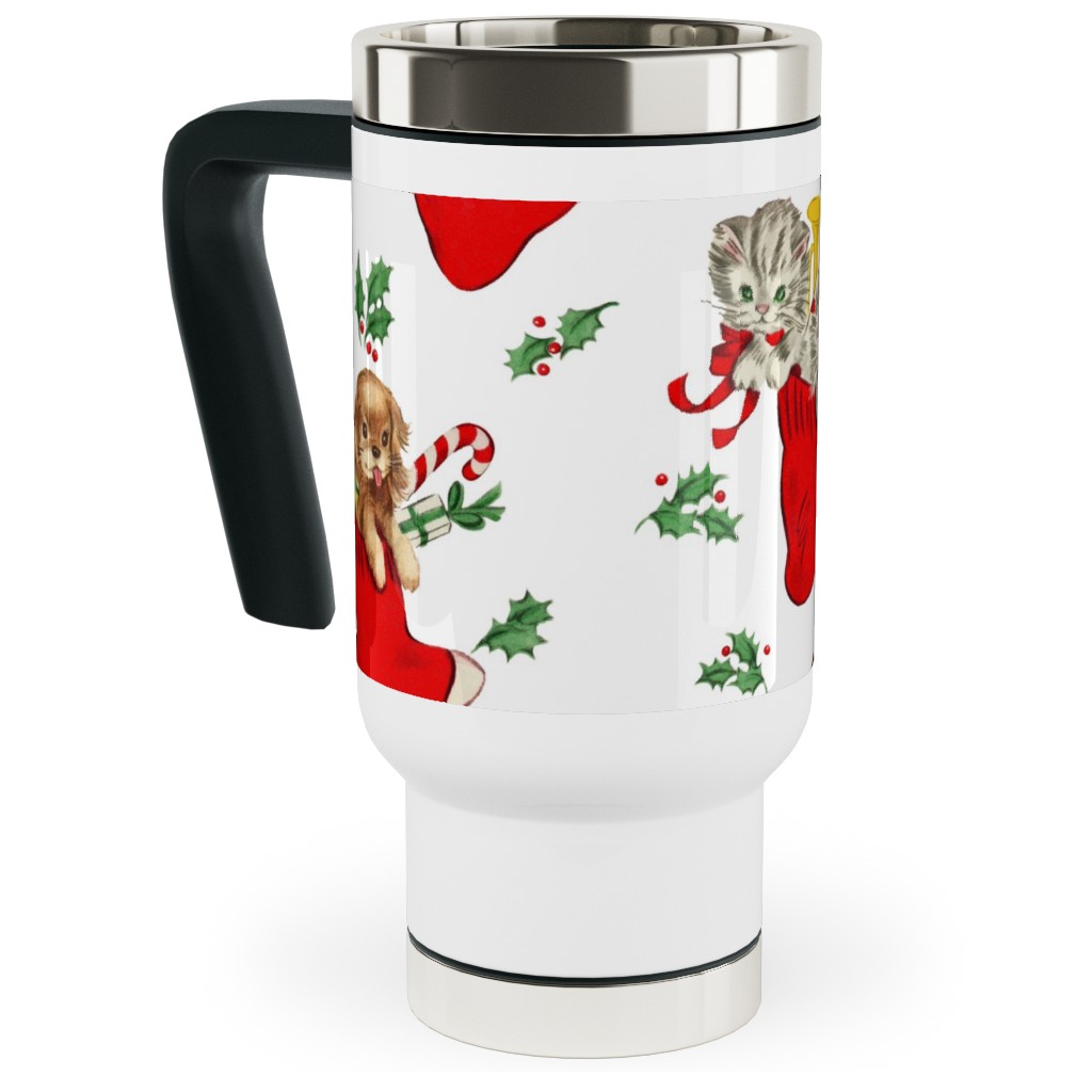 Vintage Christmas Kittens and Puppies Travel Mug with Handle, 17oz, Multicolor
