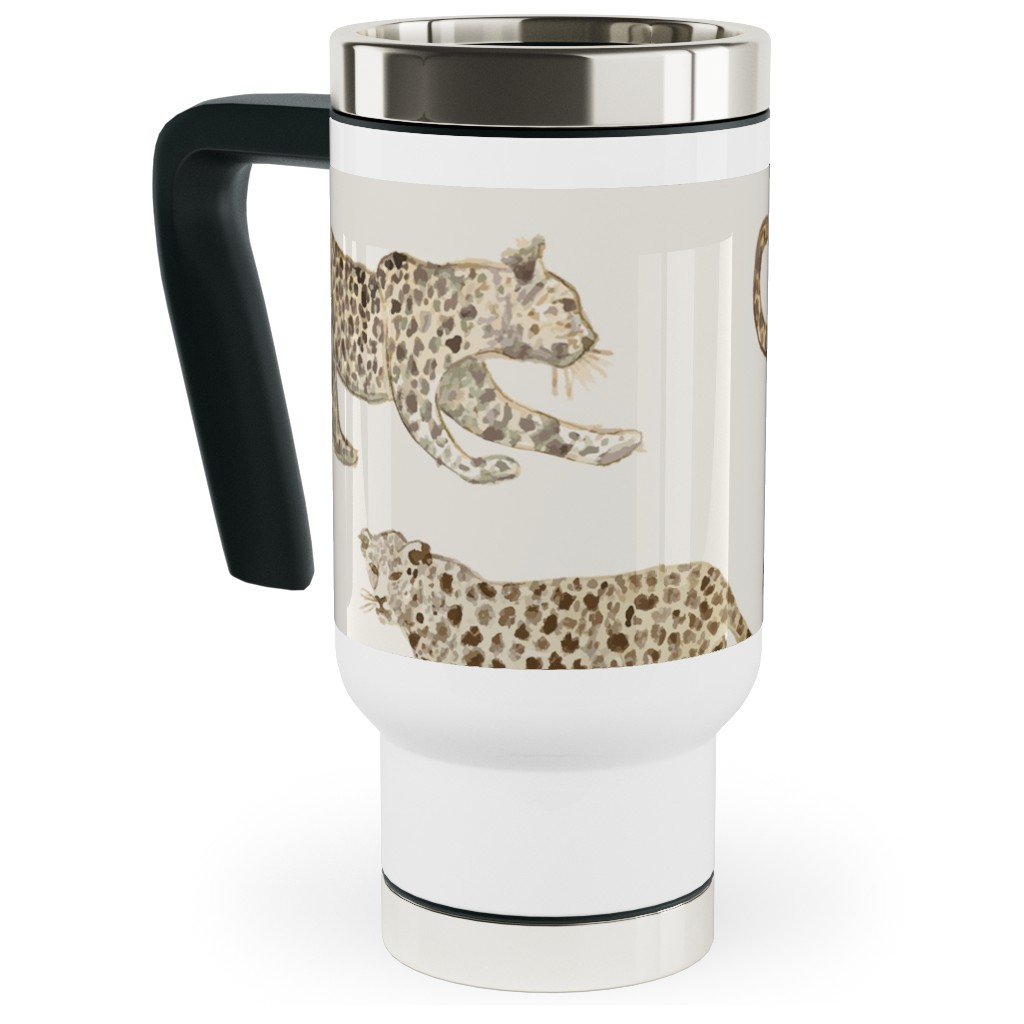 Leopard Parade Travel Mug with Handle, 17oz, Beige, Antique White