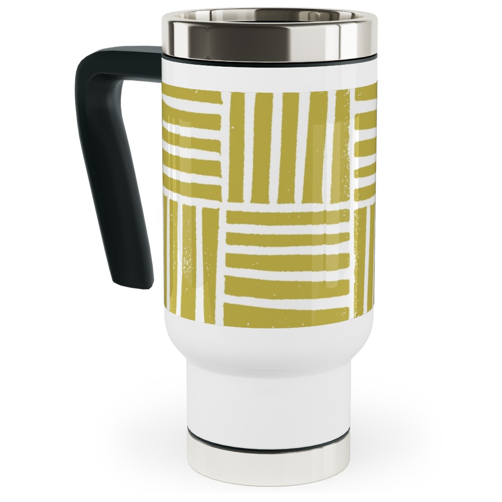 Thatch Stripe Grid - Yellow Travel Mug with Handle, 17oz, Yellow