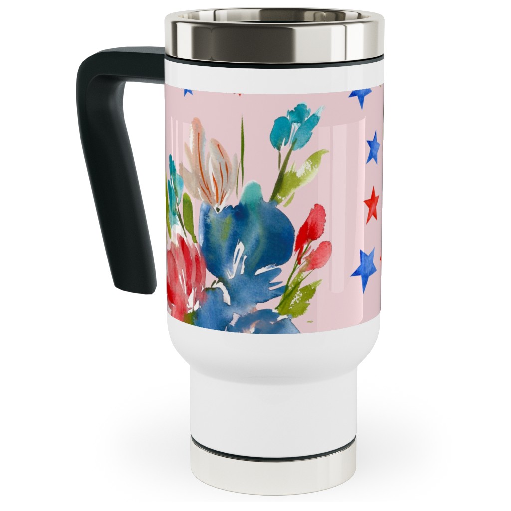 4th of July Florals - Pink Travel Mug with Handle, 17oz, Pink, Bright Pink
