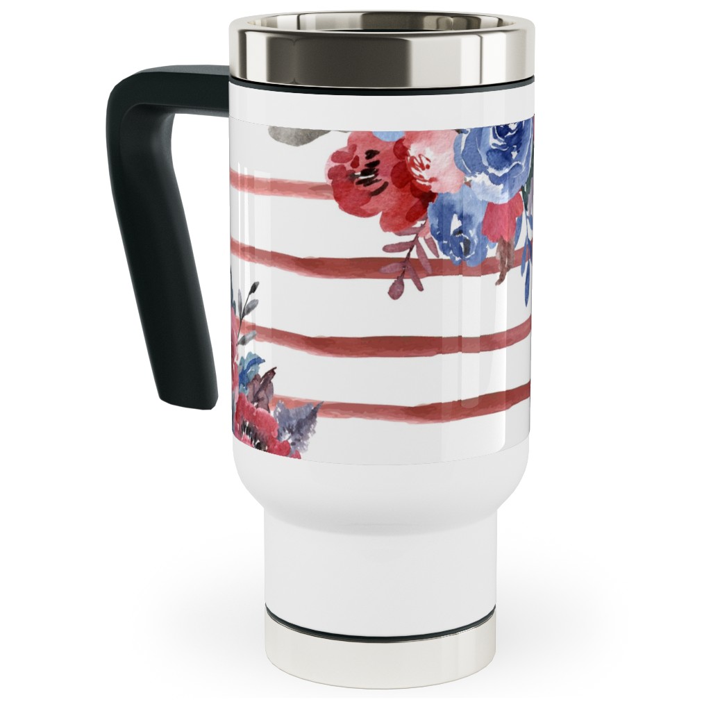 Freedom Florals With Red Stripes - Multi Travel Mug with Handle, 17oz, Red, Red